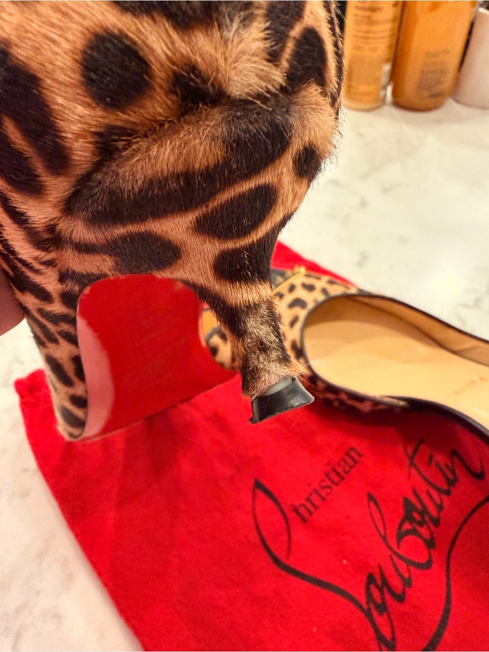 Christian Louboutin Leopard Print Pointed Toe Pumps with Black Caps - Picture 8 of 8